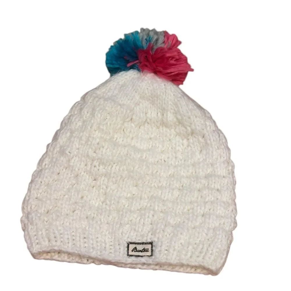 Burton White Knit Cap Pink Blue Pom Pom
